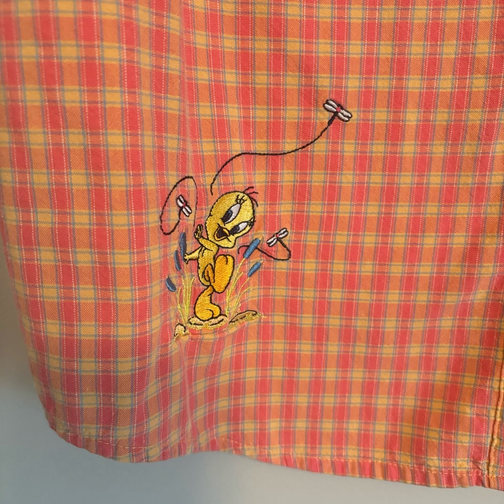 Vintage Tweety Bird Shirt Plaid Pink Yellow Collared Button Tank Y2K Sz Large